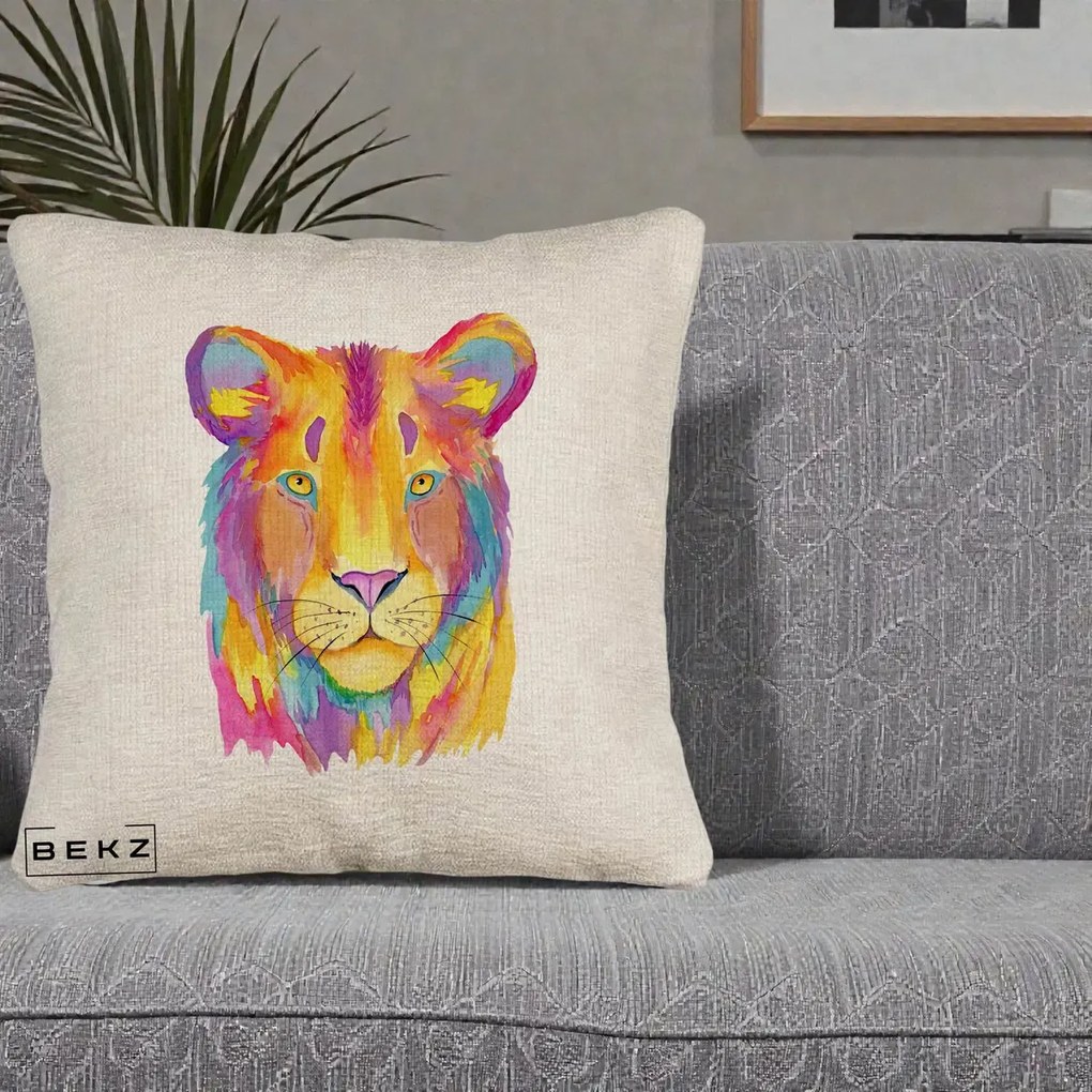 Perna Decorativa Leu Acuarela Curcubeu, 40x40 cm, Bej Canapea, Husa Detasabila, Perna Inclusa, BEKZ®