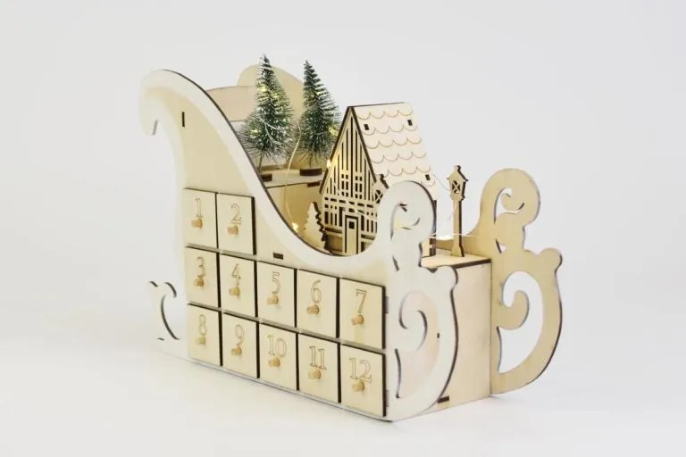 Calendar advent din lemn cu 12 sertare, LED cald, timer, san