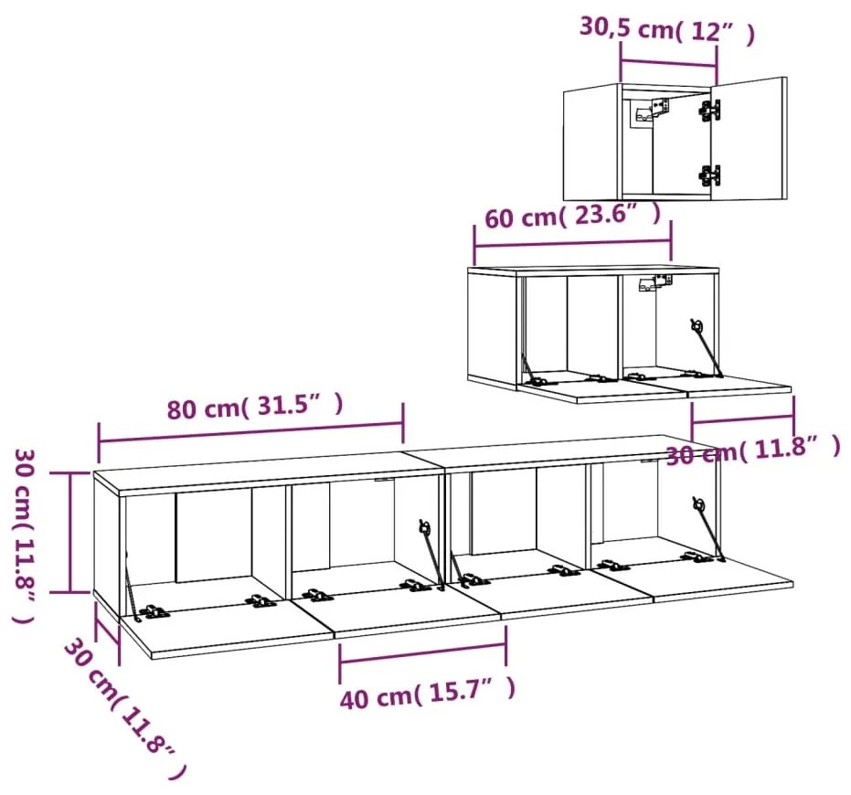 Set dulapuri TV, 4 piese, gri sonoma, lemn prelucrat