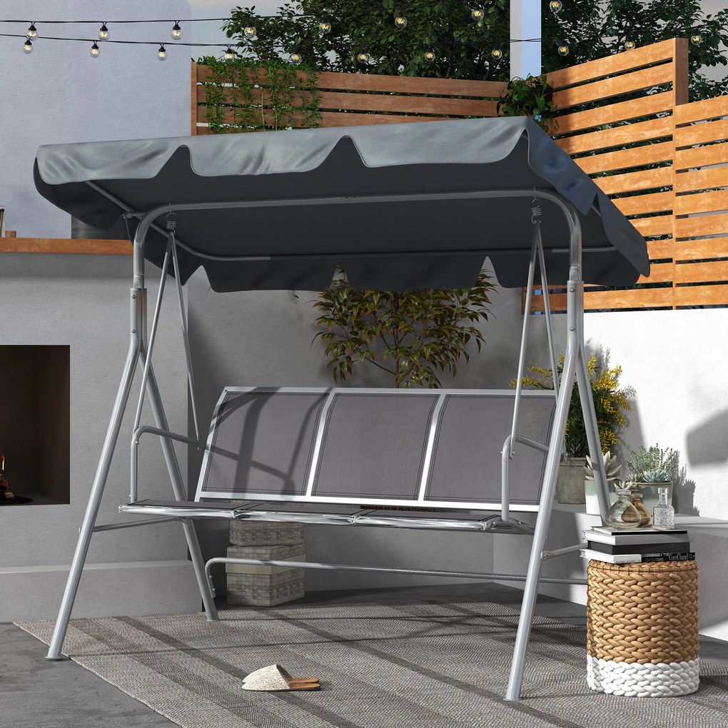 Outsunny Leagăn de grădină 3 locuri cu acoperiș parasolar reglabil și detașabil, șezut respirabil din poliester, capacitate 240 kg, 171x108x154 cm, gri închis | Aosom Romania