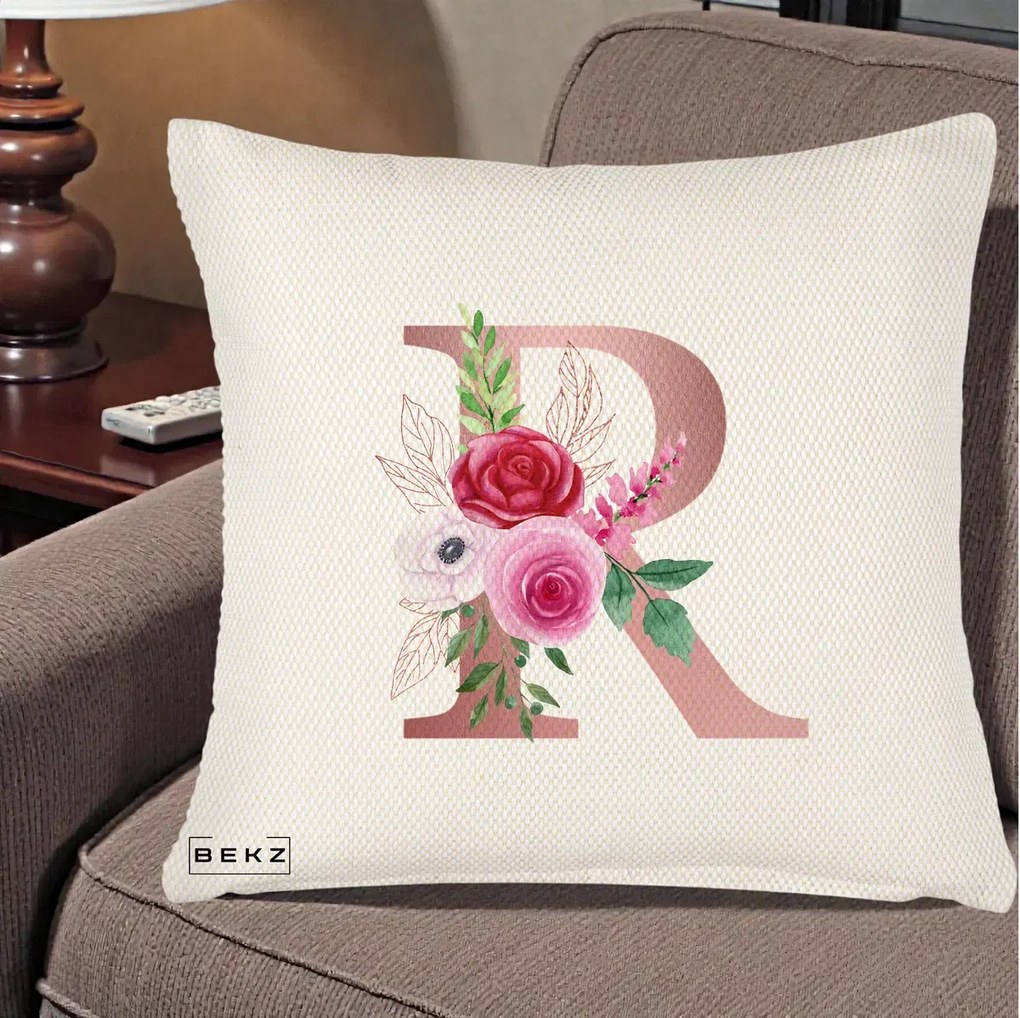 Cadou Personalizat - Perna Personalizata Monograma Rose Gold Litera R, 40x40 cm, Crem Reliefat, Husa Detasabila, Perna Inclusa, BEKZ®