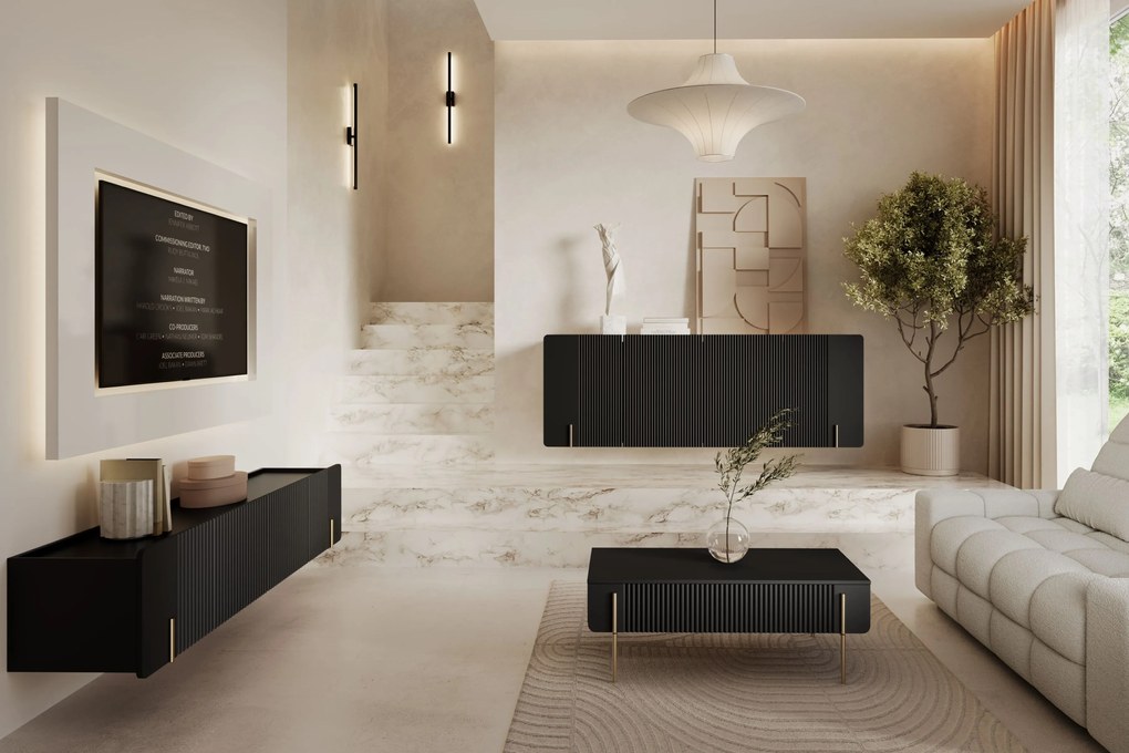 Măsuță de cafea Malmi 100 cm cu sertare - negru mat / picioare aurii