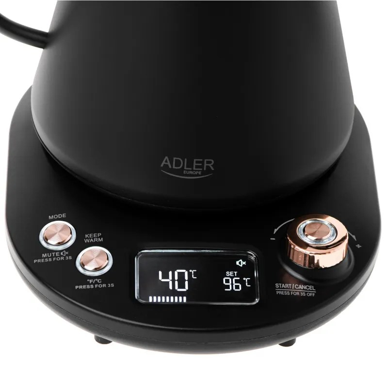 Cana electrica Adler AD 1349, 1100W, 1L, 40-100 C, Mentinere caldura, Afisaj LED, Negru