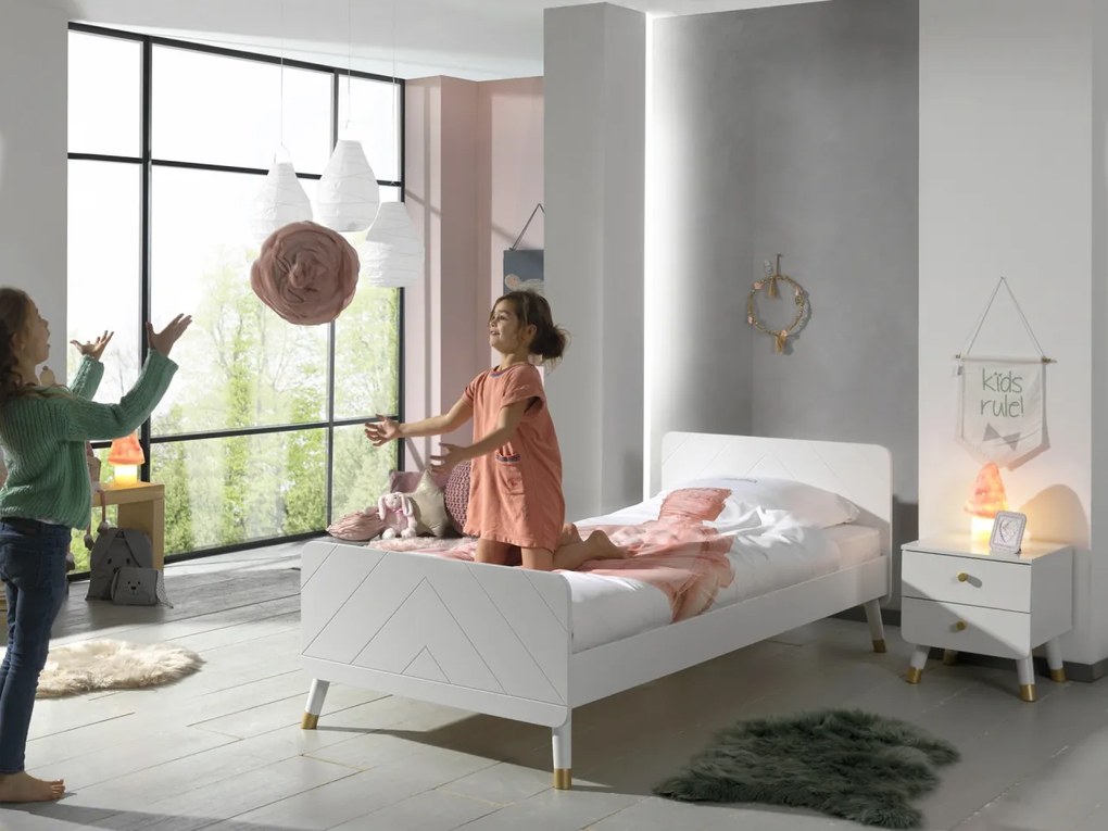 Set Pat Single și Noptieră pentru Copii, 90x200 cm, Alb Satinat (Pin Masiv și MDF) – Billy – Vipack