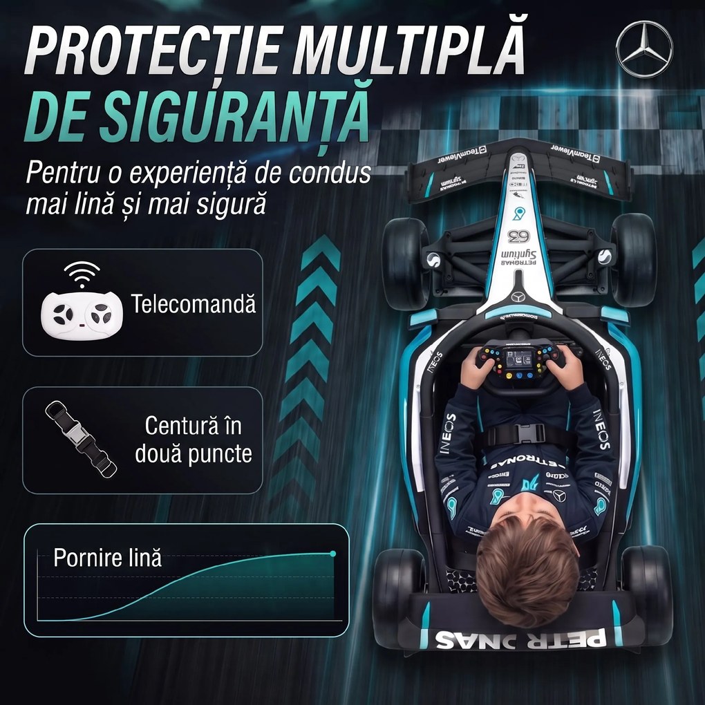 AIYAPLAY Mașină Electrică Pentru Copii Mercedes-AMG PETRONAS F1, 12V, Telecomandă, PP, Plastic, 123x66x39 cm, Negru | Aosom Romania