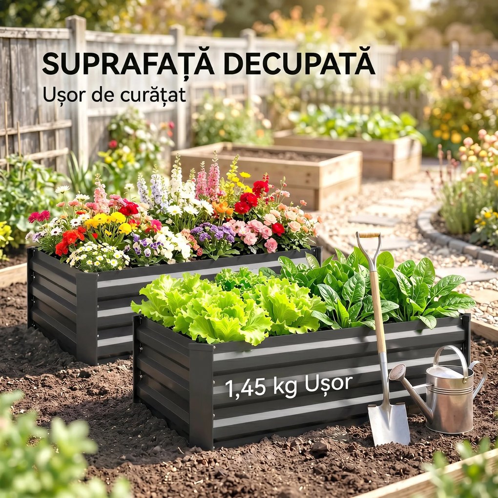 Outsunny Set de 2 Paturi Galvanizate Inaltate pentru Gradina, Cutie de Plantare Inaltata pentru Exterior, Usor de Asamblat, pentru Cultivarea Florilor