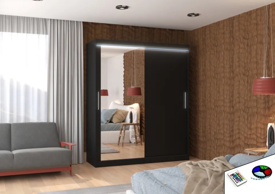 Dulap cu usi glisante si oglinda + iluminare LED, Tom 180 + LED, 180 cmx200 cmx58 cm, ADRK Furniture (Culoare: Sonoma)