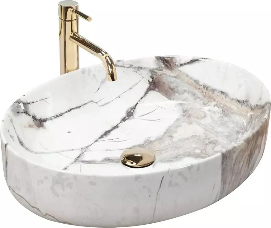 Lavoar pe blat Rea Queen Thunder oval finisaj alb piatra lucios 55 cm