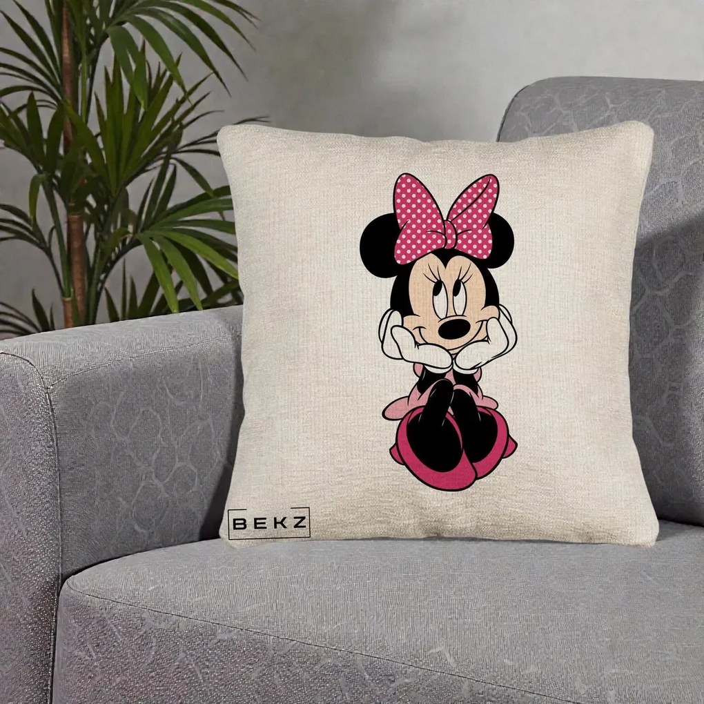 Perna Personalizata Minnie Mouse cu Fundita, 40x40 cm, Bej Canapea, Husa Detasabila, Perna Inclusa, BEKZ®