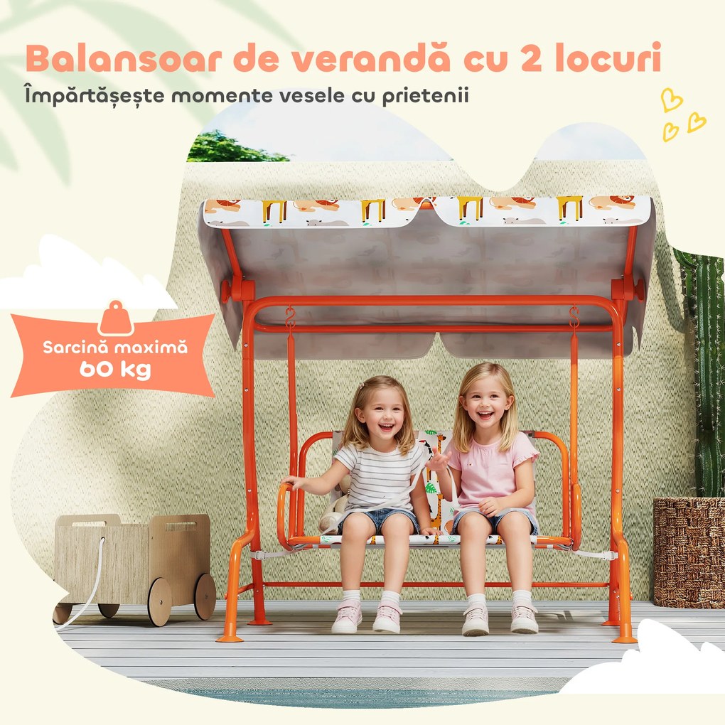 AIYAPLAY Leagăn pentru Copii cu 2 Locuri, Acoperiș Reglabil și Curele de Siguranță, Leagăn pentru Grădină și Interior din Oțel și Material Oxford, Max 60 kg, 112x75x120 cm, Portocaliu | Aosom Romania