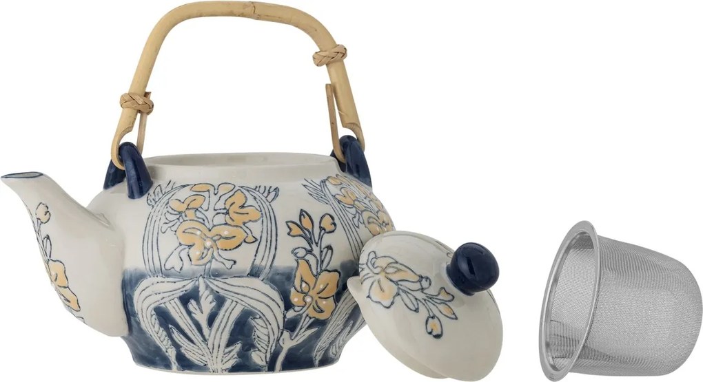Ceainic din ceramică, cu motiv floral albastru pictat manual și mâner din bambus, cu infuzor, „Myah", 15 x 15 cm
