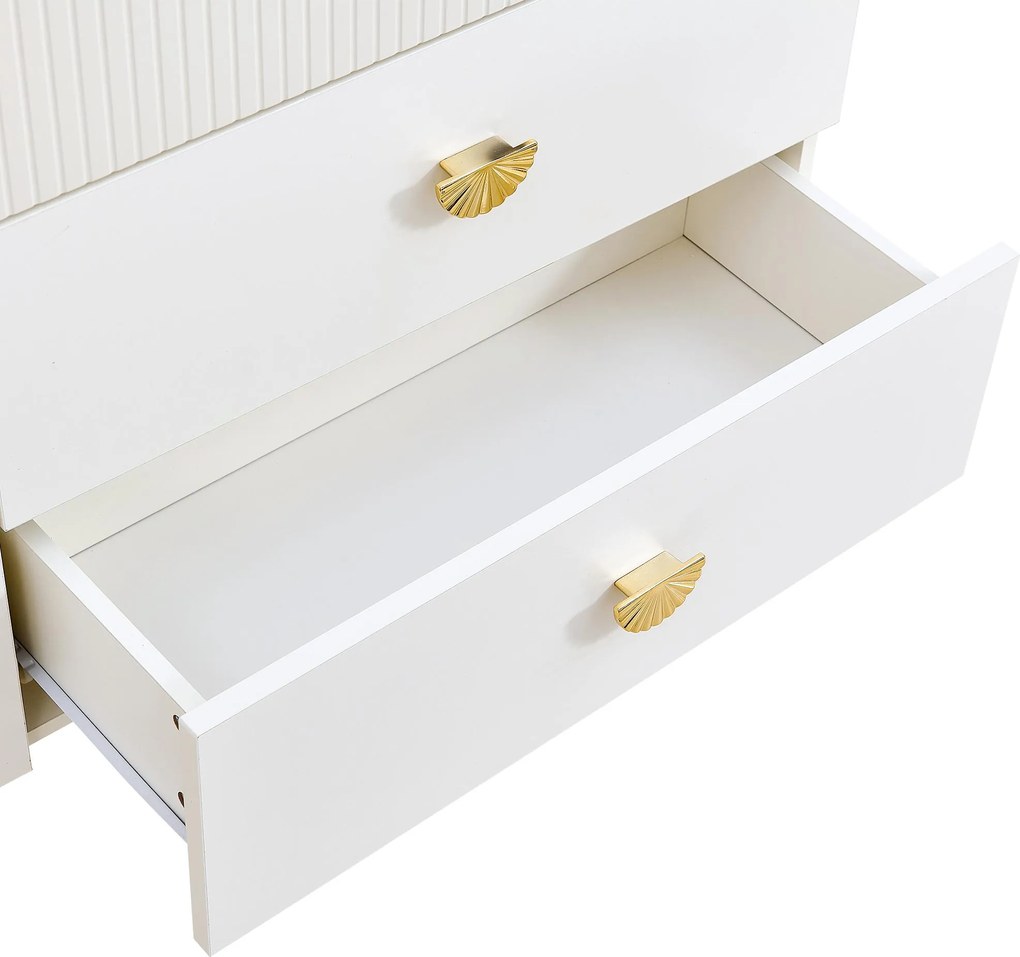 Comodă modernă cu 6 sertare, mânere tip evantai și picioare din oțel, mult spațiu de depozitare, 120x40x75 cm, Alb