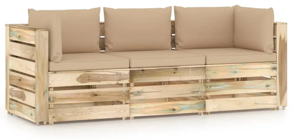 Canapea de gradina cu 3 locuri, cu perne, verde, lemn impregnat Bej, Canapea cu 3 locuri, 1