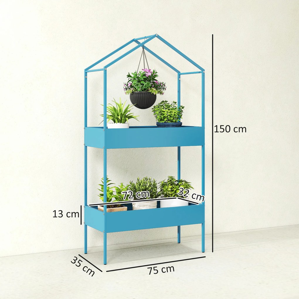 Outsunny Suport Ghivece pe 2 Niveluri din Metal în Formă de Casă, Raft pentru Plante cu Cârlig pentru Interior și Exterior, 75x35x150 cm, Verde Albastru | Aosom Romania