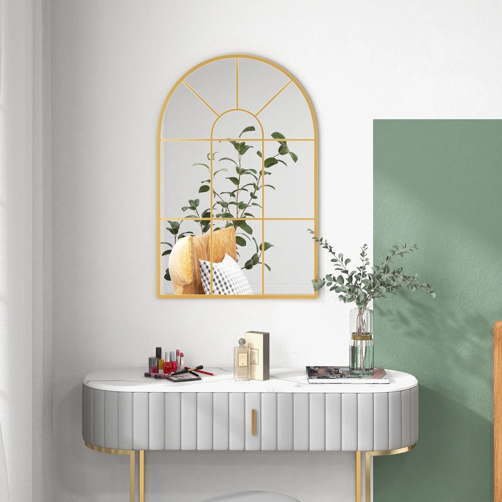 HOMCOM Oglindă de Perete Modernă în Formă de Arc cu Ramă și Cârlige, pentru Sufragerie și Hol, 91x60 cm, Auriu | Aosom Romania