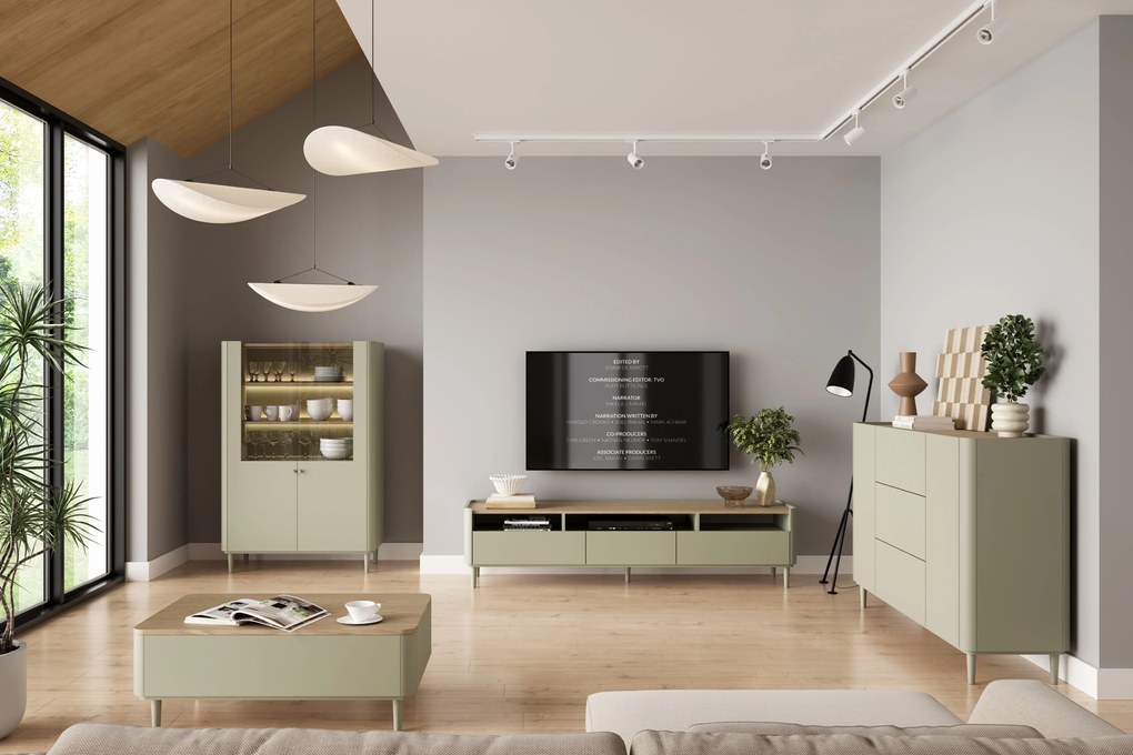 Vitrină cu picioare Elivo 100 cm cu două uși - eucalipt / stejar baltic dune