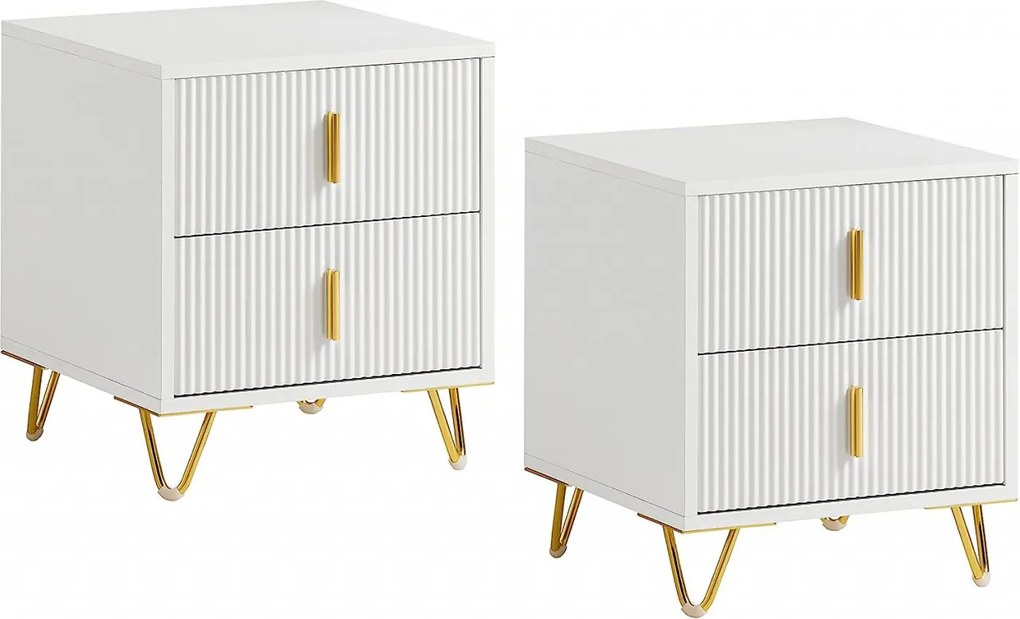 NOA29 - Set 2x Noptiere albe 40x40x47 cm, riflaje, cu sau fara Priza, cu 2 sertare, dormitor - Alb-Auriu