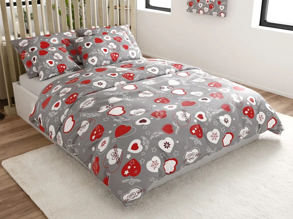 Set Lenjerie cocolino CHRISTMAS HEART gri + CearsaF Cocolino microplus cu elastic SOFT 180x200 cm alb, pat dublu