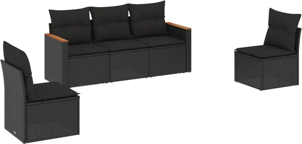 vidaXL Set mobilier de grădină cu perne, 5 piese, negru, poliratan