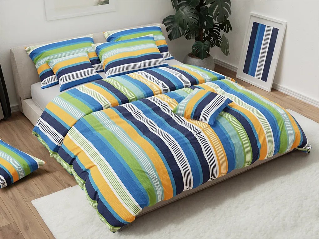 Set de lenjerie de pat creponata LINIE albastra + cearsaf Jersey 90 x 200 cm gri deschis, pat de o persoana
