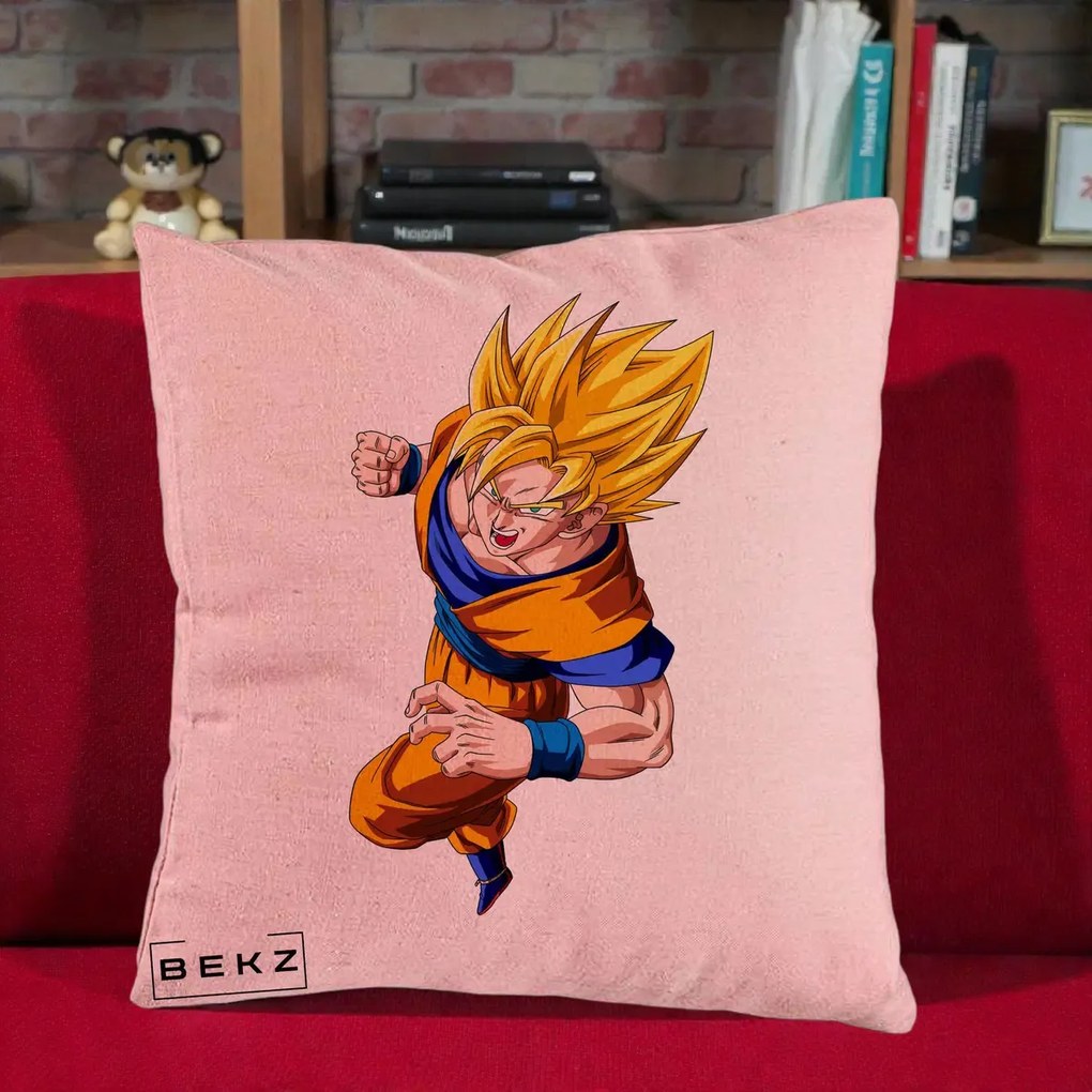 Perna Personalizata Dragon Ball Goku Super Saiyan 2 Lupta, 40x40 cm, Roz, Husa Detasabila, Perna Inclusa, BEKZ®