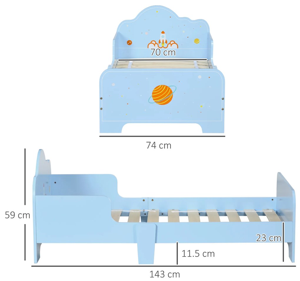 ZONEKIZ Pat pentru Copii cu Decor Spațial, Pătuț pentru Copii cu Vârsta 3-6 Ani, 143x74x59 cm, Albastru Deschis | Aosom Romania