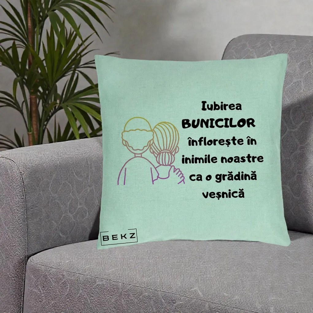 Cadou pentru Bunici - Perna Personalizata Iubirea Bunicilor Infloreste Cuplu Line Art Gradient, 40x40 cm, Verde Menta, Husa Detasabila, Perna Inclusa, BEKZ®