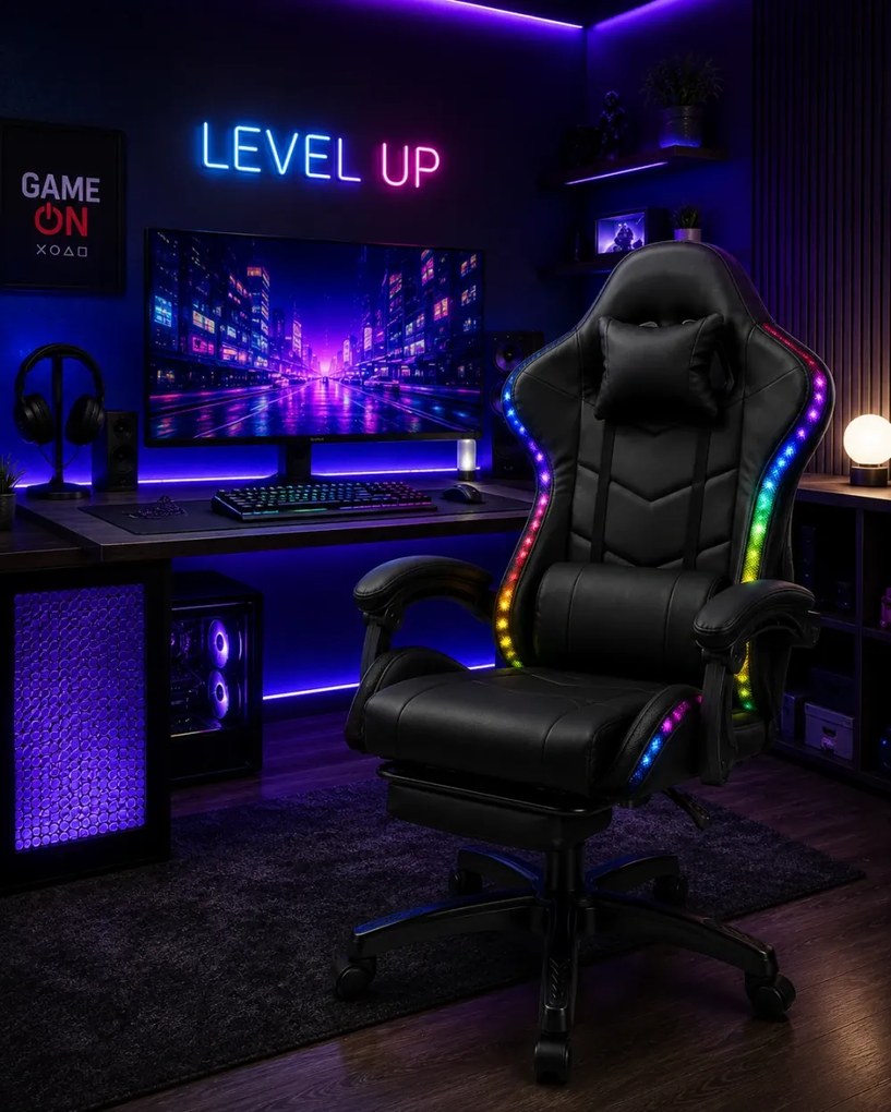 SONICSTRIKE RGB PU– Scaun Gaming cu Masaj în 7 Puncte, Boxe Bluetooth Integrate, Sistem iluminare banda LED RGB, Suport Extensibil pentru Picioare, Piele PU, Negru