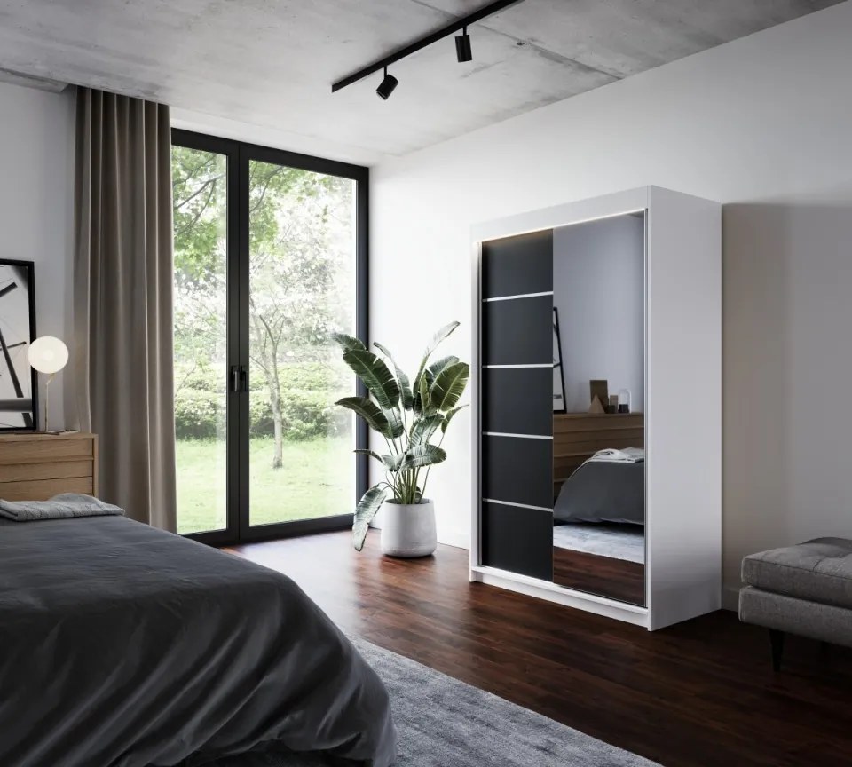 Dulap cu usi glisante si oglinda + iluminare LED, Nicea 120 + LED, 120 cmx200 cmx58 cm, ADRK Furniture (Culoare: Alb / Sonoma)