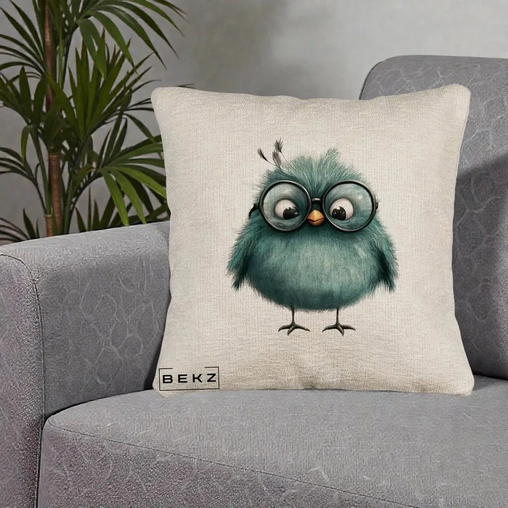 Perna Decorativa Pui Teal cu Ochelari Rotunzi, 40x40 cm, Bej Canapea, Husa Detasabila, Perna Inclusa, BEKZ®