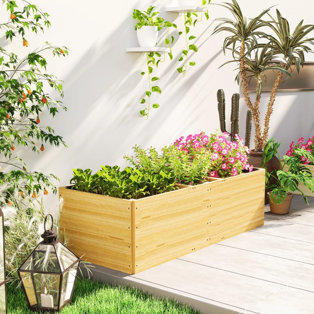 Outsunny Strat de Grădină Înălțat și Adânc cu 3 Zone de Creștere și Strat de Protecție, 140x60x40 cm, Lemn Natural | Aosom Romania