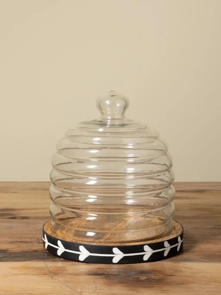 Platou cu capac clopot din sticlă și lemn de mango, negru și natur, clopot în formă de stup, model cu frunze albe, lucrat manual, 23 x 24 cm, „Sylve”