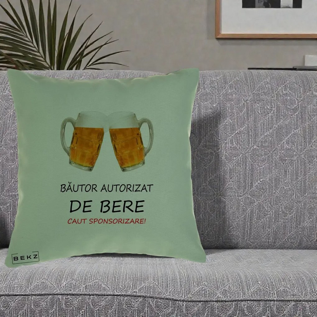 Perna Decorativa Bautor Autorizat de Bere, 40x40 cm, Verde, Husa Detasabila, Perna Inclusa, BEKZ®
