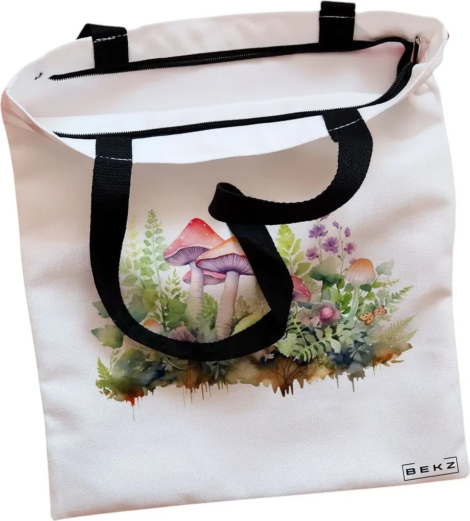 Sacosa de Panza pentru Cumparaturi, Geanta Tote, Colorful Mushrooms 11, Cu fermoar, 38x34.5 cm, Alba, BEKZ®