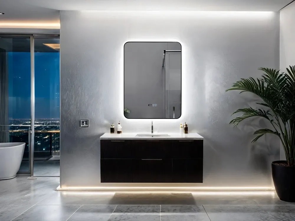 RESIGILAT- Oglinda baie, Multifuncțională, Iluminare LED 3 culori, Ceas încorporat, Sistem Dezaburire, 60x80 cm