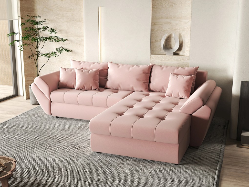 Colțar extensibil dumonde cu ladă de depozitare si sezut confortabil din spuma high-density, Loana Royal Pink II 270x185 cm