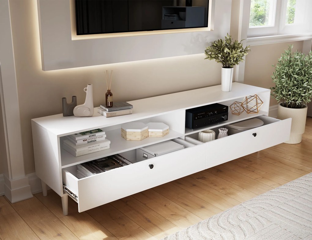 Dulap TV cu raft si dulapuri DULLUM 200x58cm, alb