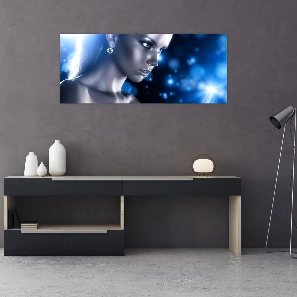 Tablou - Femeia, sclipici albastru (120x50 cm)