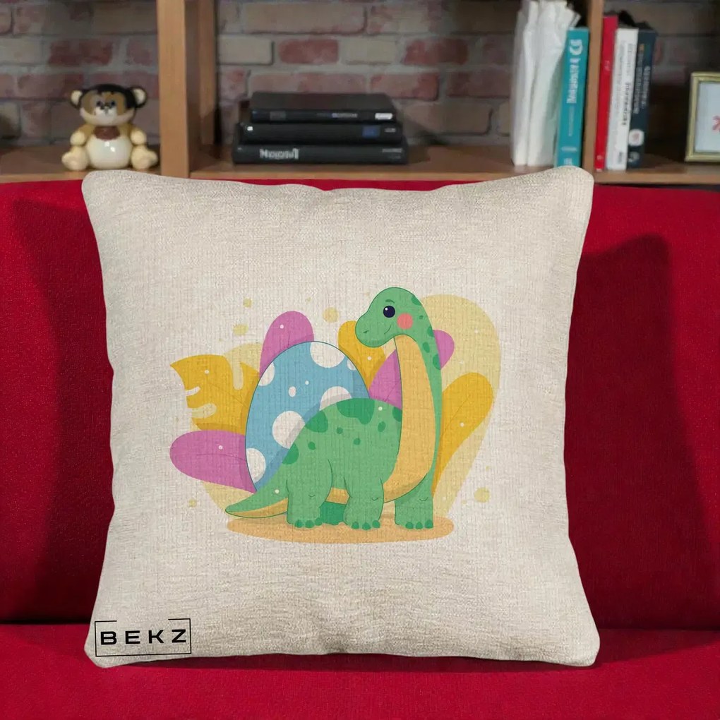 Perna Personalizata Dinozaur cu Ou Pastelat, 40x40 cm, Bej Canapea, Husa Detasabila, Perna Inclusa, BEKZ®