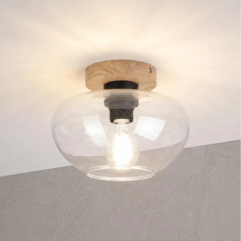 Plafonieră FLO WOOD 1xE27/15W/230V, stejar/transparent, Ø 22 cm