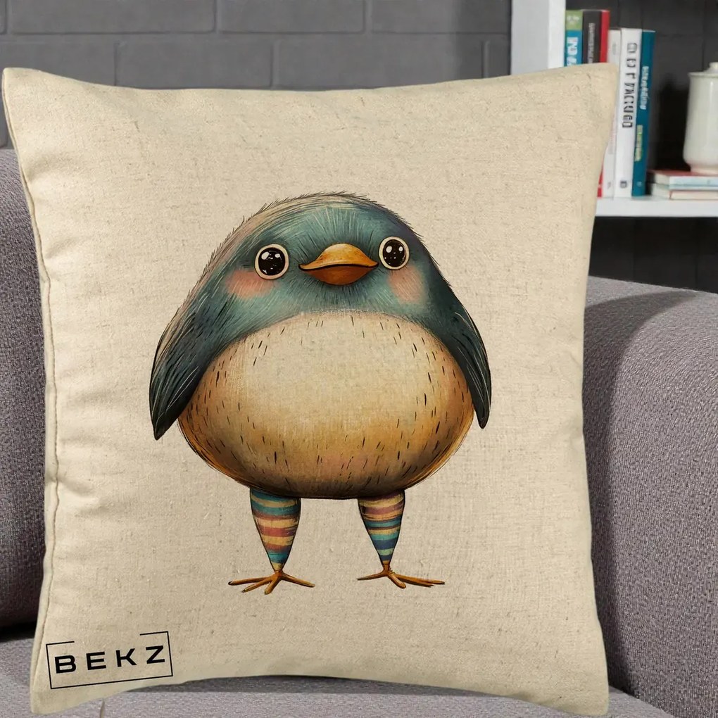 Perna Decorativa Pasare Teal-Bej cu Sosete Curcubeu, 40x40 cm, Bej, Husa Detasabila, Perna Inclusa, BEKZ®