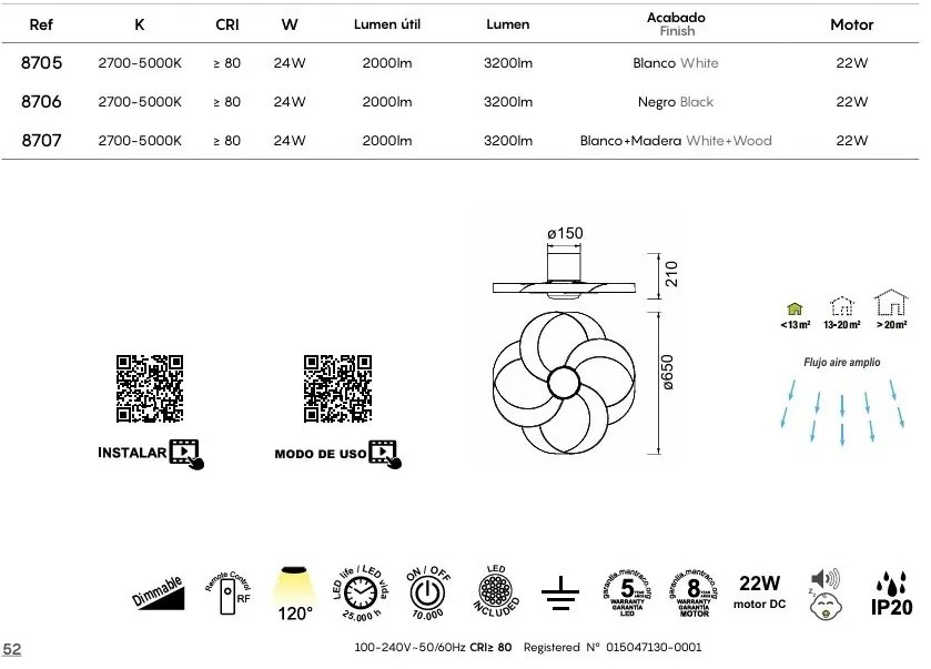 Lustra LED, Ventilator minimalist cu telecomanda, ROSE aspect lemn MA-8707