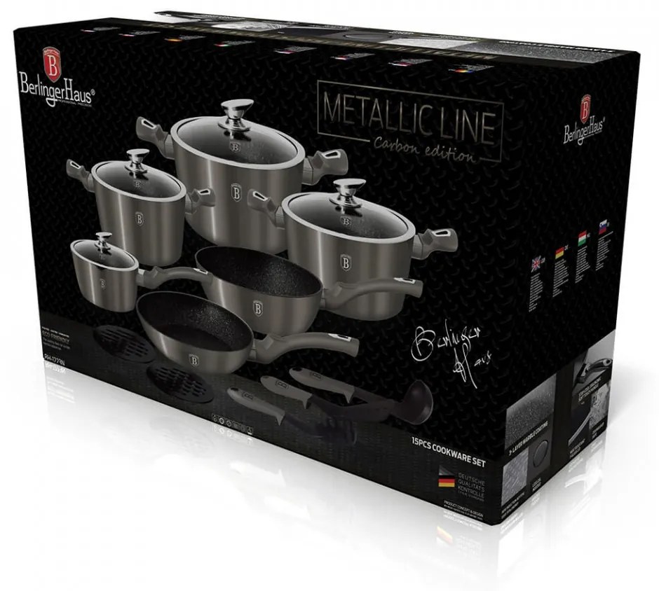 Set oale si tigai marmorate (15 piese) din aluminiu forjat Carbon Metalic Line Berlinger Haus BH 1223N