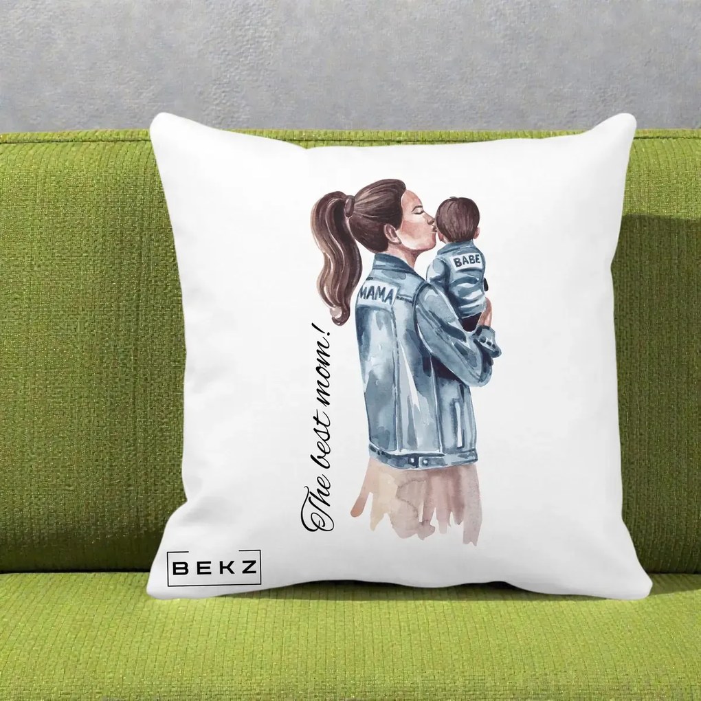 Cadou pentru Mama - Perna Personalizata The Best Mom Jachete, 40x40 cm, Alba Mata, Husa Detasabila, Perna Inclusa, BEKZ®