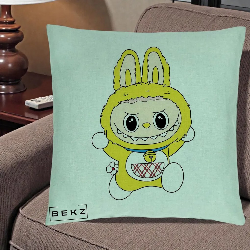 Perna Personalizata Labubu Galben Doraemon, 40x40 cm, Verde Menta, Husa Detasabila, Perna Inclusa, BEKZ®