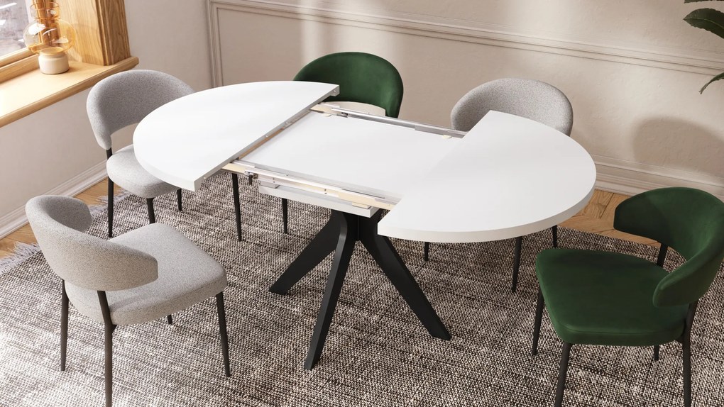 Mazzoni RENZO Alb/picior negru - MASĂ ROTUNDĂ Ø110 EXTENSIBILĂ PÂNĂ LA 180 cm | PENTRU BUCĂTĂRIE SUFRAGERIE LIVING RETRO