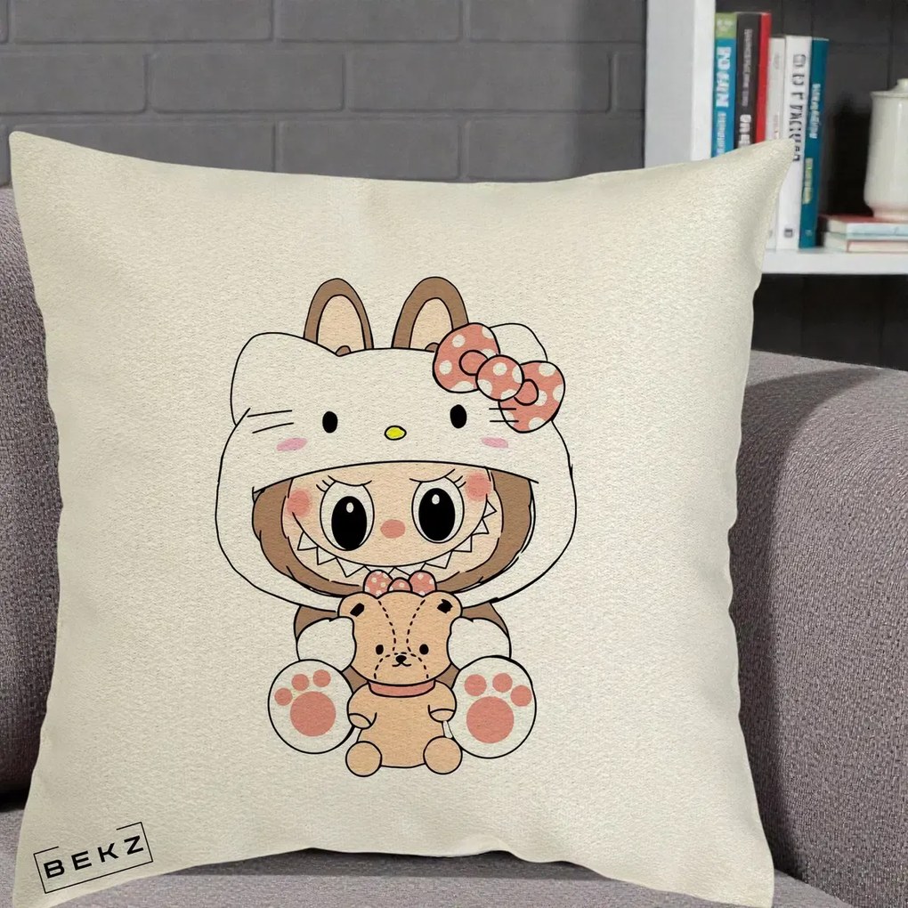 Perna Personalizata Labubu x Hello Kitty, 40x40 cm, Ecru, Husa Detasabila, Perna Inclusa, BEKZ®