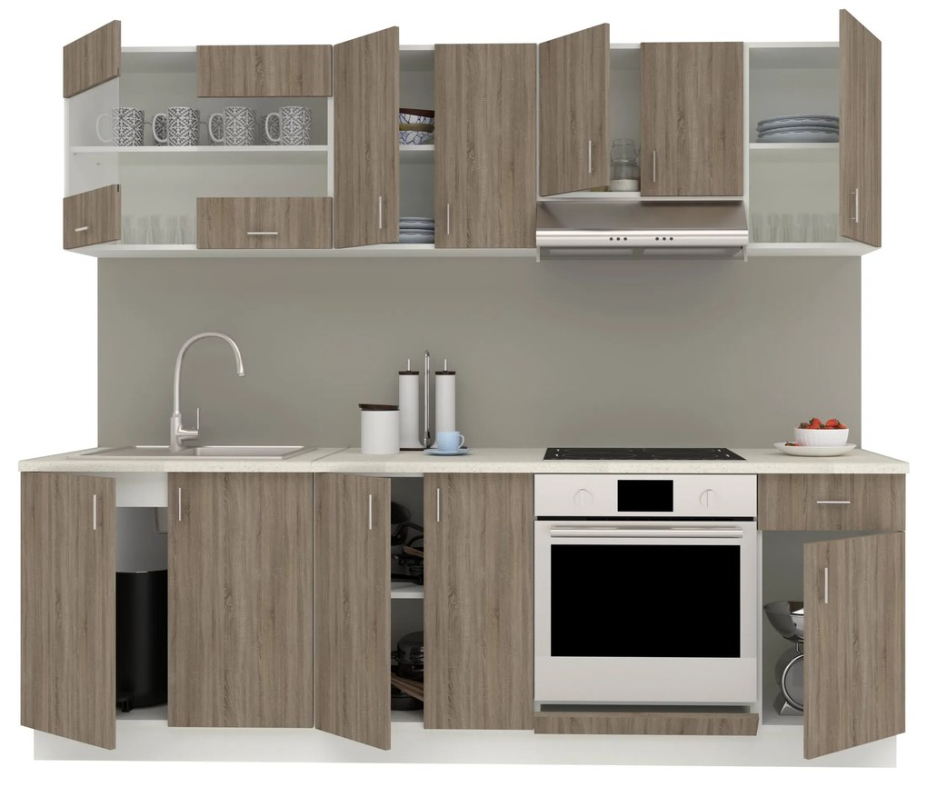 Set Bucatarie Karo V15, Stejar Sonoma Inchis/Alb, Blat Thermo 28 mm, L 240 cm