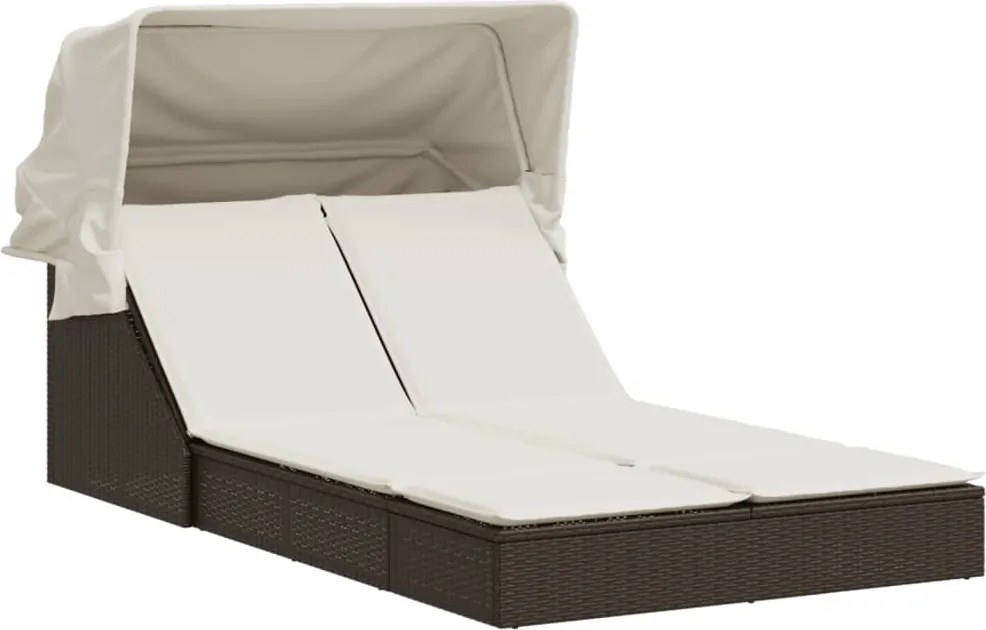 vidaXL Șezlong dublu cu baldachin și perne, maro, poliratan