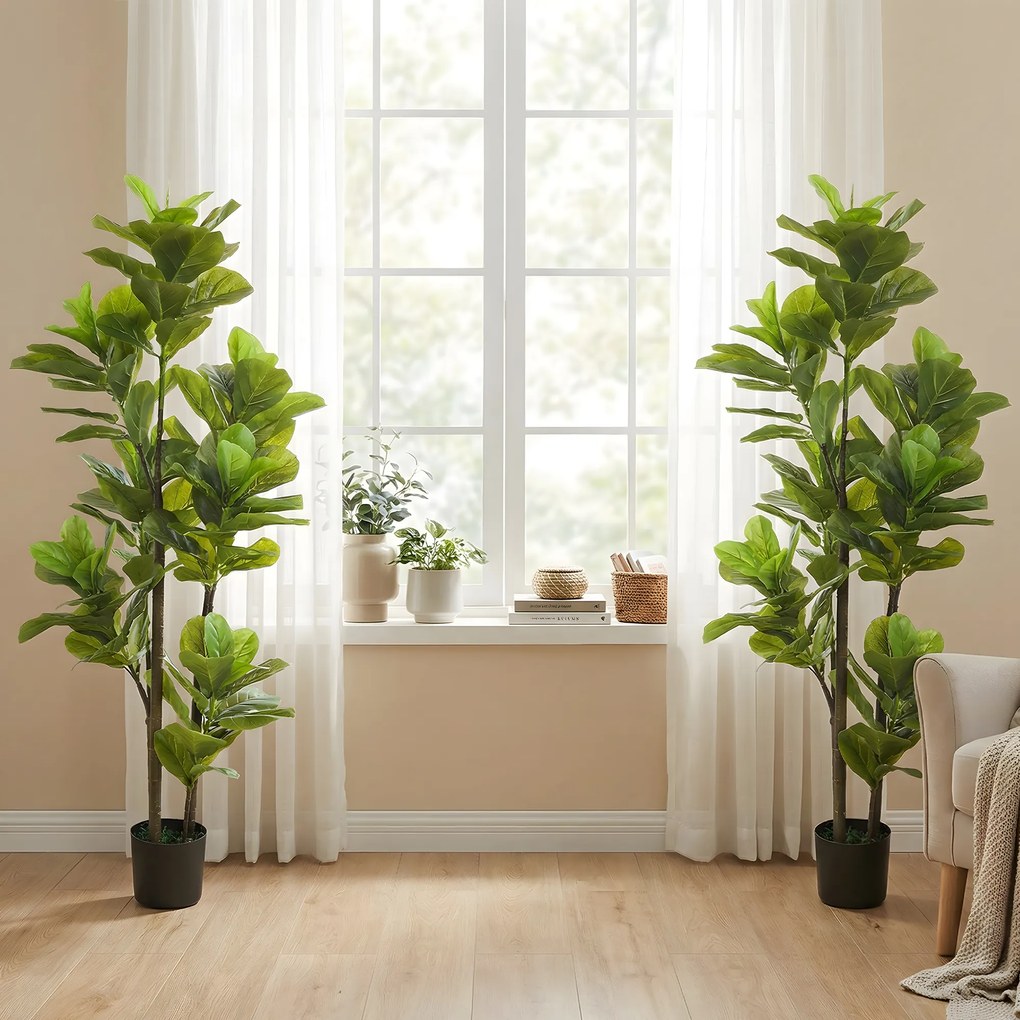 HOMCOM Set de 2 plante artificiale de interior 150 cm, plantă falsă ficus lyre cu ghiveci din ciment, verde | Aosom Romania